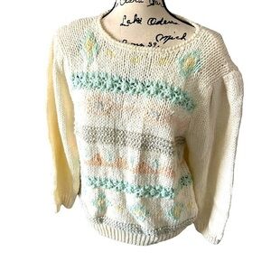 VTG Colter Bay Hand Knit Sweater Women's Pastel  Pattern Puff Sleeve Lrg